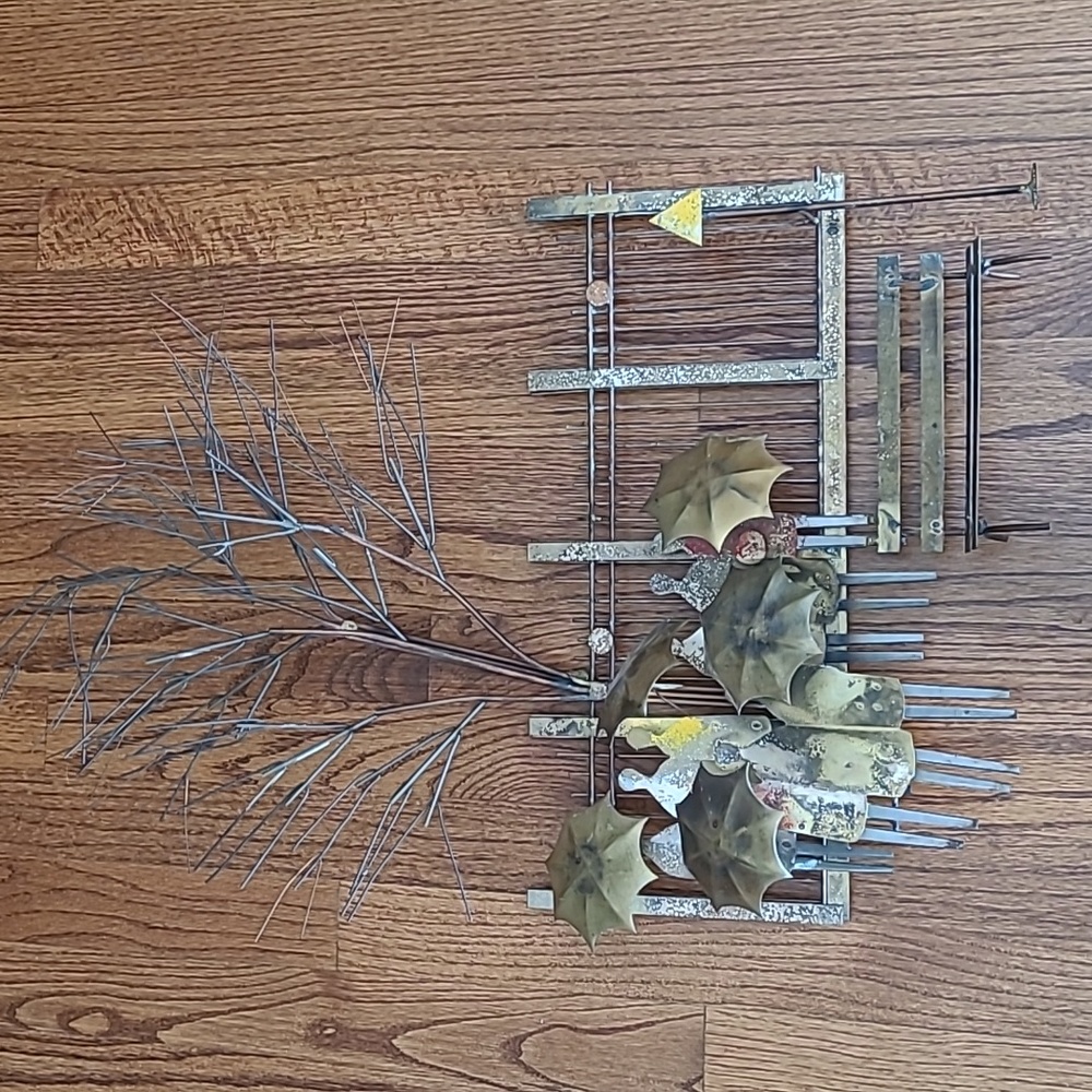 Vintage 1970 Signed Curtis Jere Metal Umbrella Rainy Day Bus Stop Wall Hanging - Picture 8 of 16